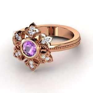  Snowflake Ring, Round Amethyst 14K Rose Gold Ring with 