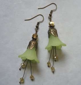 Lime Green Lucite Flower Antiqued Brass Earrings  