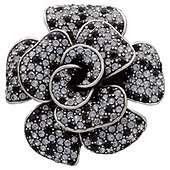 Pave Silver Tone Black And White Rose Brooch