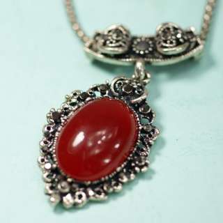   Unique Red Oval Tibet Silver Womens Gemstone Pendant Necklace Jewelry