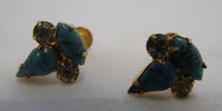 Vintage Blue Stone Diamond Gold Screw Back Earrings  