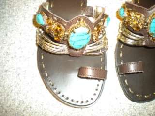 New BCBG jeweled turquoise & gold brown leather resort flips shoes 6.5 