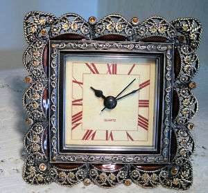 PEWTER, CRYSTAL, ENAMEL Small Table CLOCK SQUARE ORNATE  