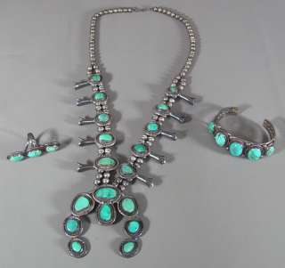 Zuni Sterling Silver Squash Blossom Necklace, Ring & Bracelet Matching 