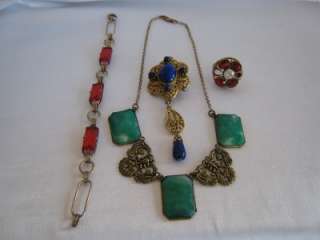   Jewelry Lot Drop Brooch, Lrg Ring, Red Stones Bracelet Green Necklace