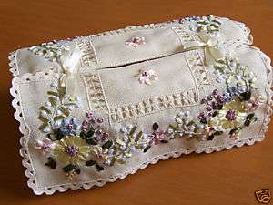 Silk Ribbon Embroidered Flowers Lace Tissue Box Cover A  