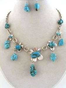 Vintage Look Antiqued Silver & Turquoise Necklace Set  
