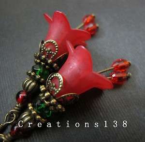 Red Lucite Flower Glass Beaded Antique Brass Earrings  