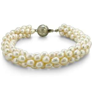  Woven Four Strand Pearl Bracelet with Round Clasp Jewelry