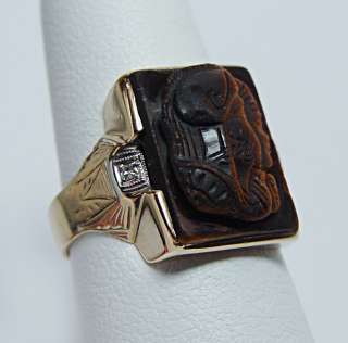   Victorian Tigers Eye Carved Warrior Ring 14K Gold Estate Jewelry