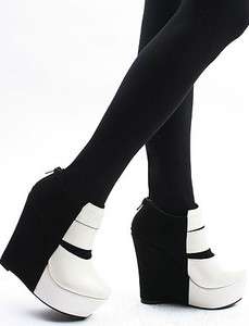 Women Fashion Black/White Color Patch Zip Back Platform Wedge Ankle 