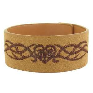 Tan Leather Wrist Band with Sewn Brown Heart Design   Adjustable Size 
