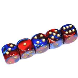  Set of five 16mm dice in Organza Pouch   Gemini Blue Red 