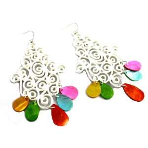 Hera Filigree Matte Silver Dangle Earrings with Colorful Multi Shell 