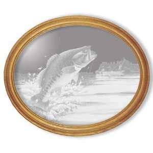  Etched Mirror Jumping Bass Fish Art in Solid Oak Frame 