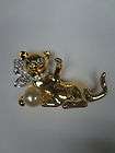 Rare Kenneth Jay Lane Signed Gold Tone Rhinestone and Pearl Cat Pin 