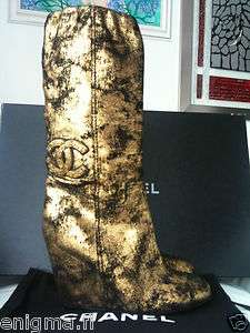   /GOLD BEADED CC LOGO WEDGE BOOTS 37.5 NIB DISTRESSED LEATHER  