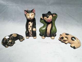 Hand Carved Wooden Cats Set Of 4 Cats  