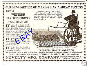 RARE 1902 NOVELTY WESTERN HAY WINDROWER AD RAKE MOWER  