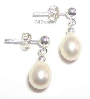 Genuine AAA White Pearl 925 Silver Dangle Post Earrings  