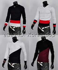 Korea_pop mens diagonal strip shirts Checked long sleeve v neck shirts 