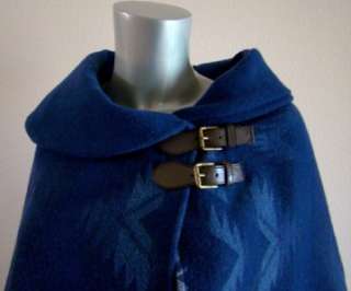 Ralph Lauren Blue Navajo Indian Poncho Wool Sweater Cape Leather 