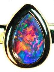 harlequin black opal 14K gold ring floral colors flash Australian rare 