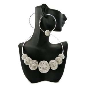 Basketball Wives POParazzi Inspired Mesh Ball Necklace Earring Set Sil 