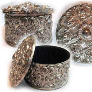 VINTAGE Antique Finish Silver Metal Trinket Jewelry BOX  