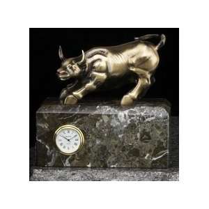  Antique Brass Bull Clock on Green Marble, tarnish proof 