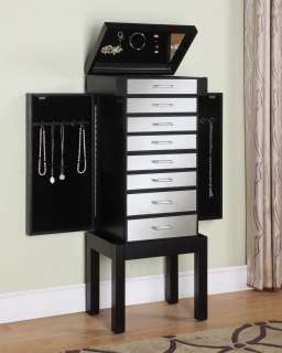   Contemporary Black Jewelry Armoire with Mirrored Drawer Fronts  