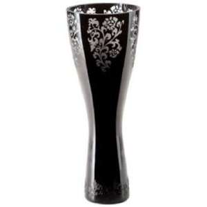  Large Floral Etched Glass Black Vase