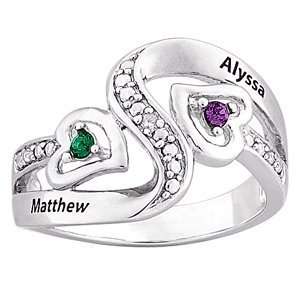  Couples Name & Birthstone Hearts Ring with Genuine 