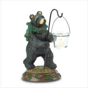   rustic black bear with wreath candle holder cabin lodge woods  
