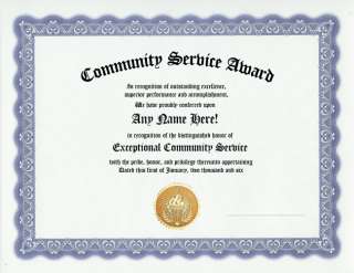 COMMUNITY SERVICE AWARD CERTIFICATE   WORK RECOGNITION  