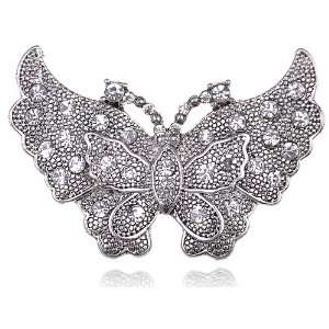   Silver Tone Metal Carved Crystal Rhinestone Butterfly Pin Brooch