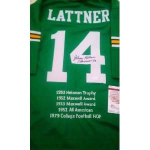  Johnny Lattner Signed Notre Dame Green Throwback Stat 