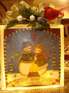 HOLIDAY DECORATED LIGHTED GLASS BLOCK    SMORE SNOWMAN COUPLE  