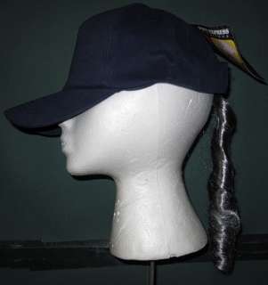 Blue Ball Cap with Grey Long Hair Pony Tail FUNNY HAT  