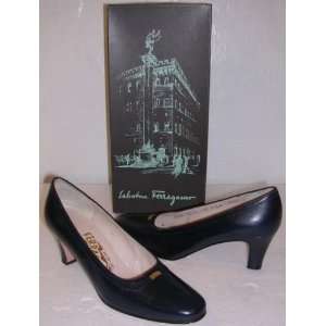  Ferragamo Navy Blue Leather Heels Pumps Shoes 5½ AA NEW 