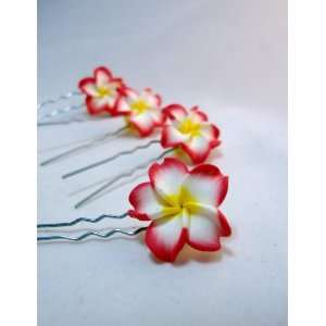   Red and White Plumeria Flower Hair Pins   Set of 4, Limited. Beauty