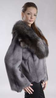 Blue Iris Mink Fur jacket w natural Blue Frost Fox collar  Uneven 
