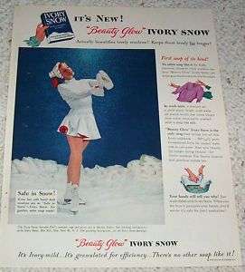 1950 IVORY SNOW Laundry soap SWEATER GIRL ice skater AD  