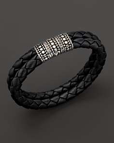 John Hardy Mens Dot Silver Black Woven Leather Bracelet