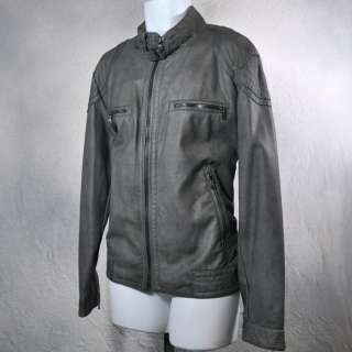   KLEIN Mens Faux Leather Zip Front Moto Racer Jacket Gray L  