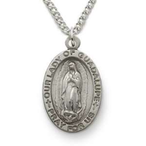   Silver 3/4 Oval Engraved Our Lady Guadalupe Medal on 18 Chain
