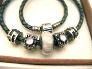 PANDORA Double Leather Bracelet + 5 Charms Moon Stone Sparkling Clips 