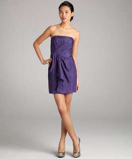 Shoshanna plum jacquard silk draped strapless dress