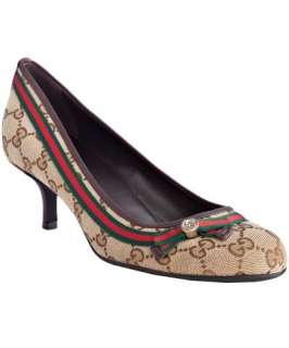 Gucci beige GG canvas web stripe bow detail pumps