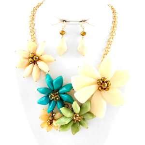   Goldtone Multi color Flower Bouquet Garden Necklace and Earring Set